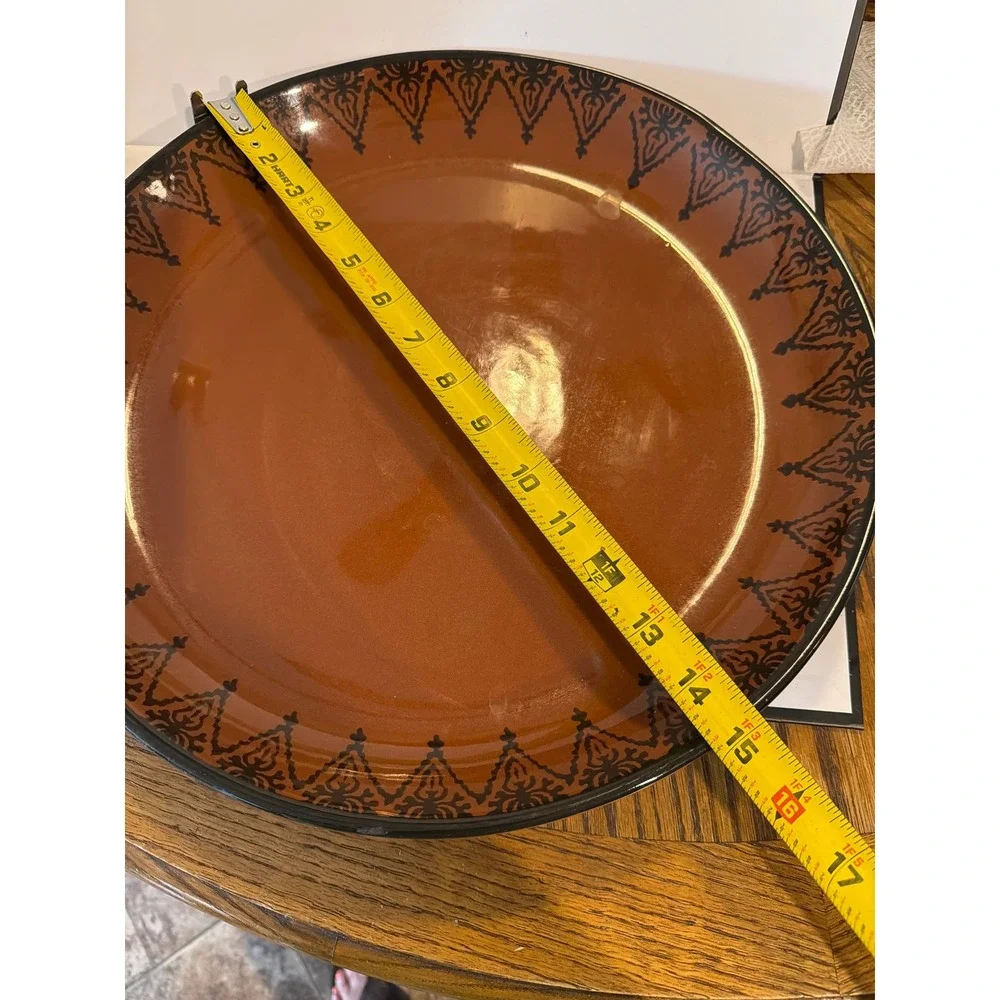 World Market Brown Black Damask Serving Platter 16 Inch Round Portugal Stoneware